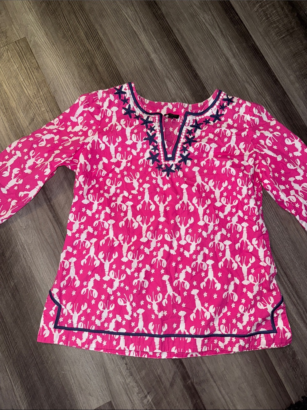 Talbots medium petite shirt top lobsters, starfish women pink blue beach resort